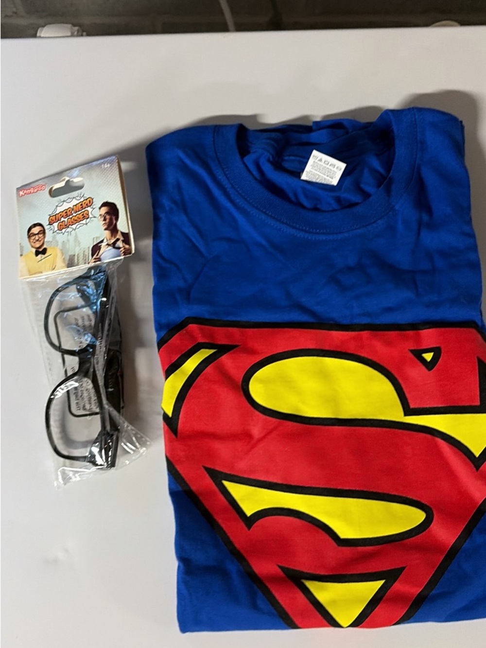 Men’s Blue Superman Logo T-Shirt with glasses